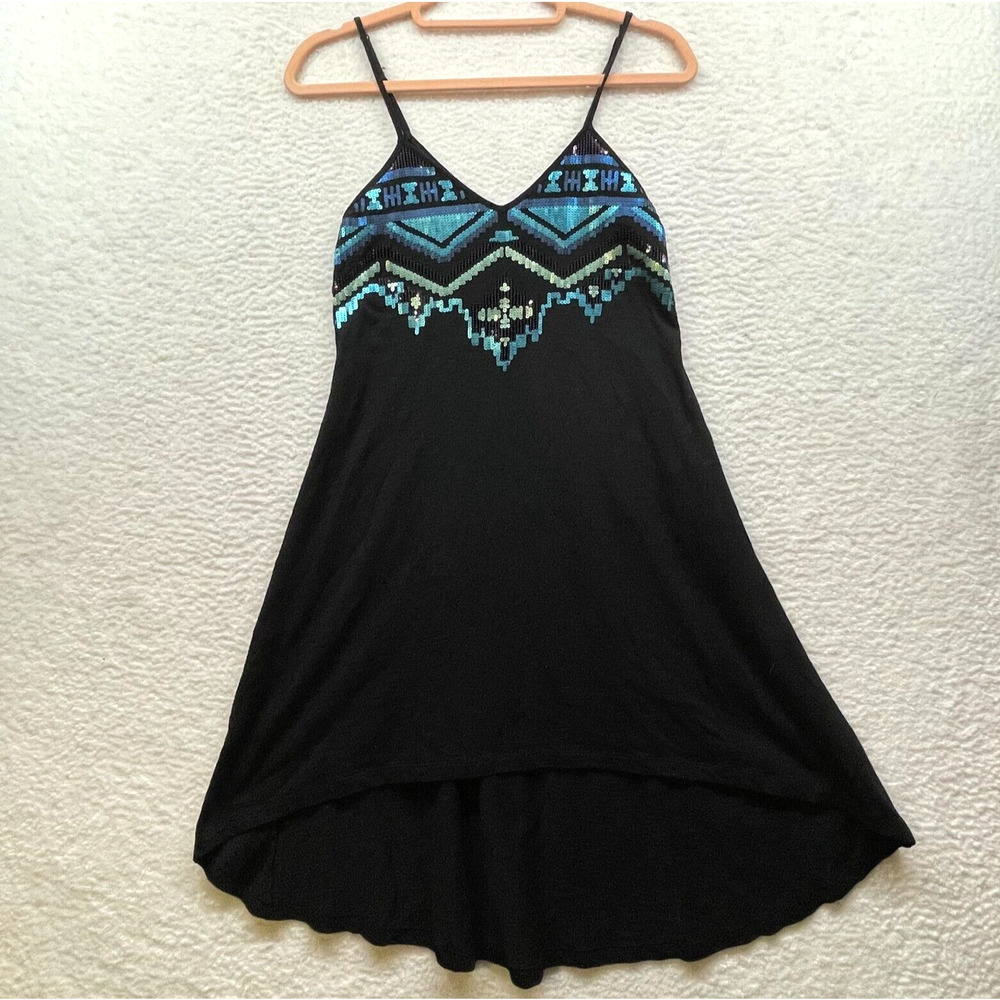 Express Dress Women Extra Small Black Blue Sequin Aztec V Neck Slip Hi Low